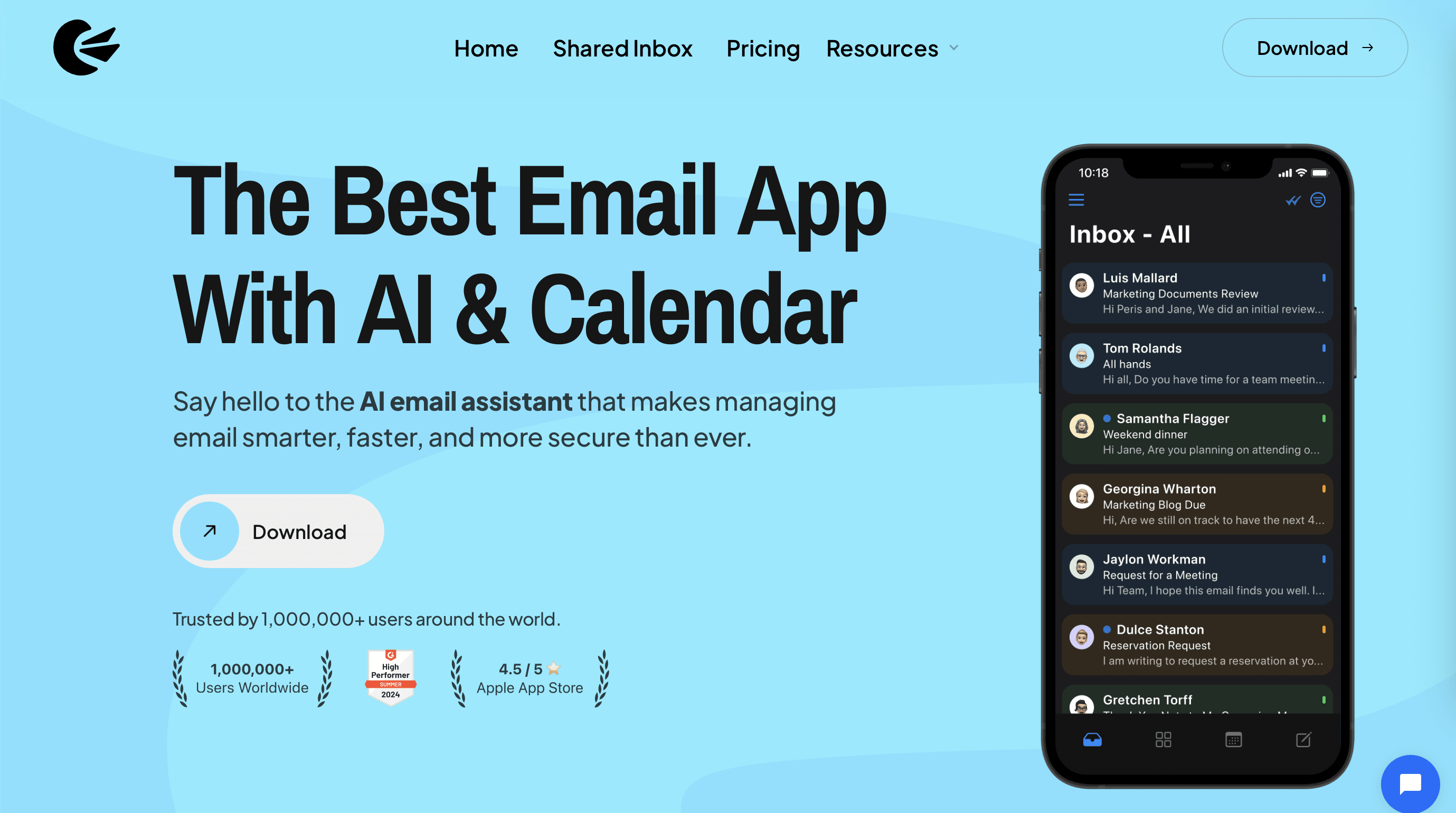 Website banner for Canary Mail showing the tagline 'The Best Email App With AI & Calendar' on a blue background. Text below says 'Say hello to the AI email assistant that makes managing email smarter, faster, and more secure than ever.' A download button is displayed. The banner highlights trust by over 1,000,000 users, a High Performer 2024 badge, and a 4.5/5 Apple App Store rating. On the right, a smartphone screen shows an inbox with emails from multiple senders.